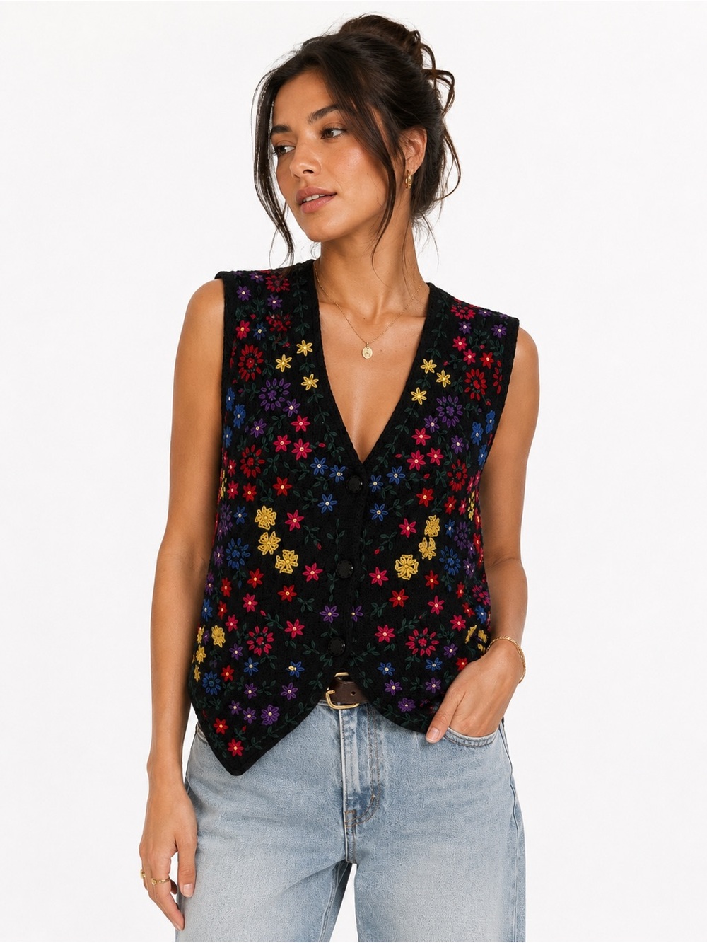 Vintage 90s Sostanza Floral Embroidered Sweater Vest Cottagecore Mom core Large